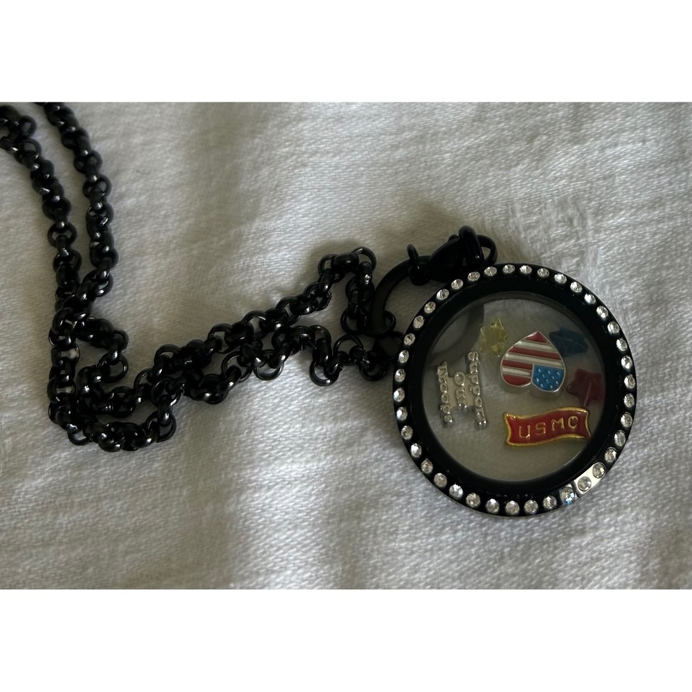 Origami Owl USMC Floating Charm Locket Necklace Black Rhinestone Support Troops
